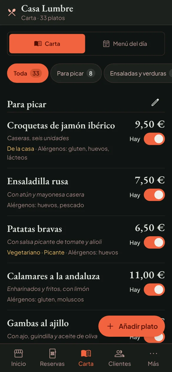 La carta del bar con precios, alérgenos e interruptor de «hay».
