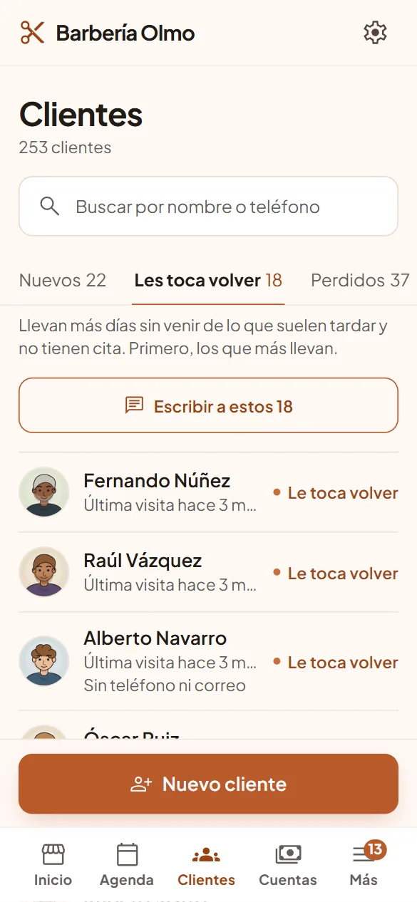 Lista de clientes a los que les toca volver.